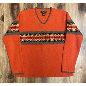 Eddie Bauer Fair Isle Sweater Women Size Petite Small Wool Blend Pullover Orange